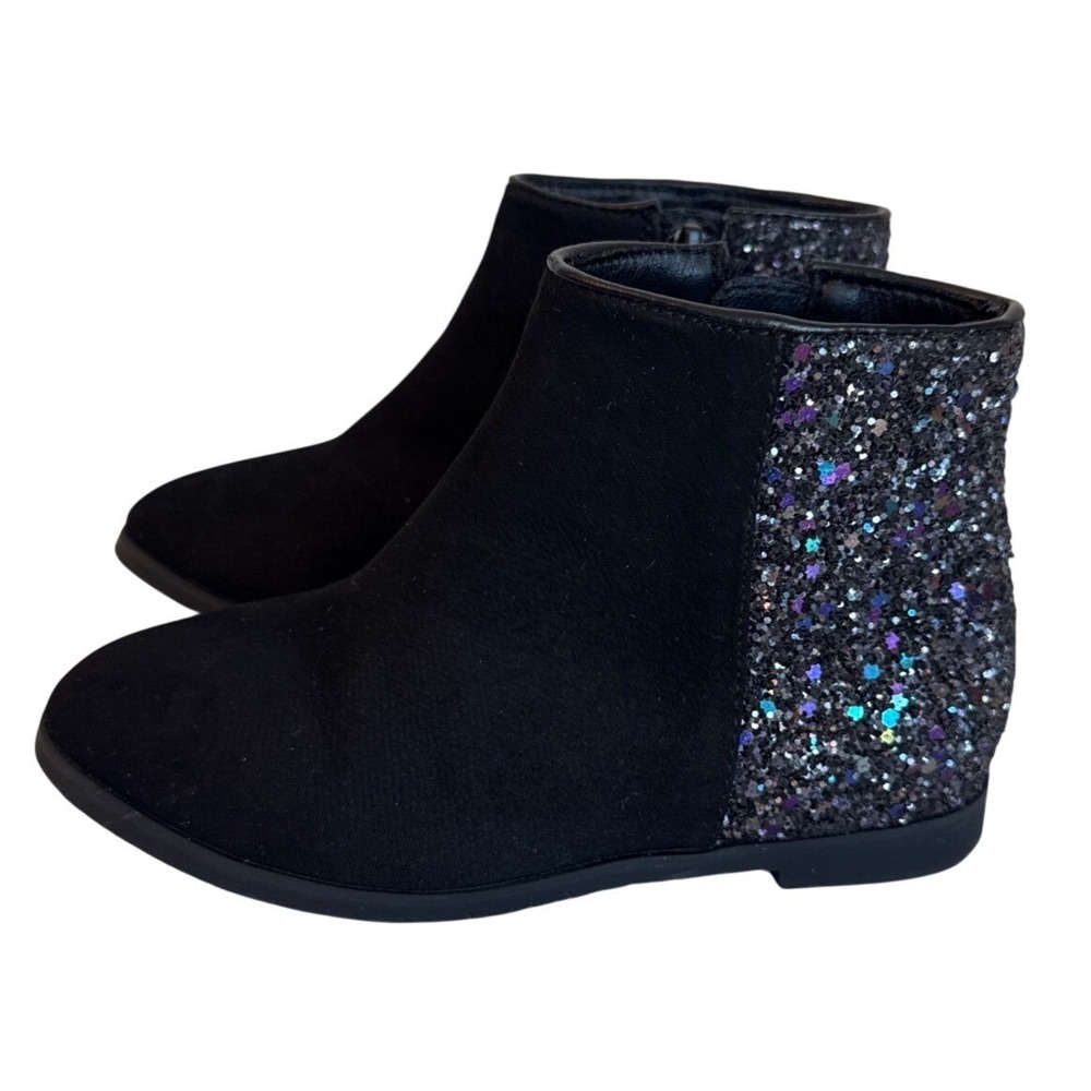 J.Crew Ankle Boots Kids Black Glitter Faux Suede Side Zip Booties Size 9